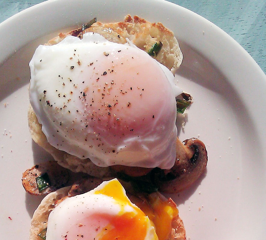Poached Eggs over Mushrooms on An English Muffin Bed